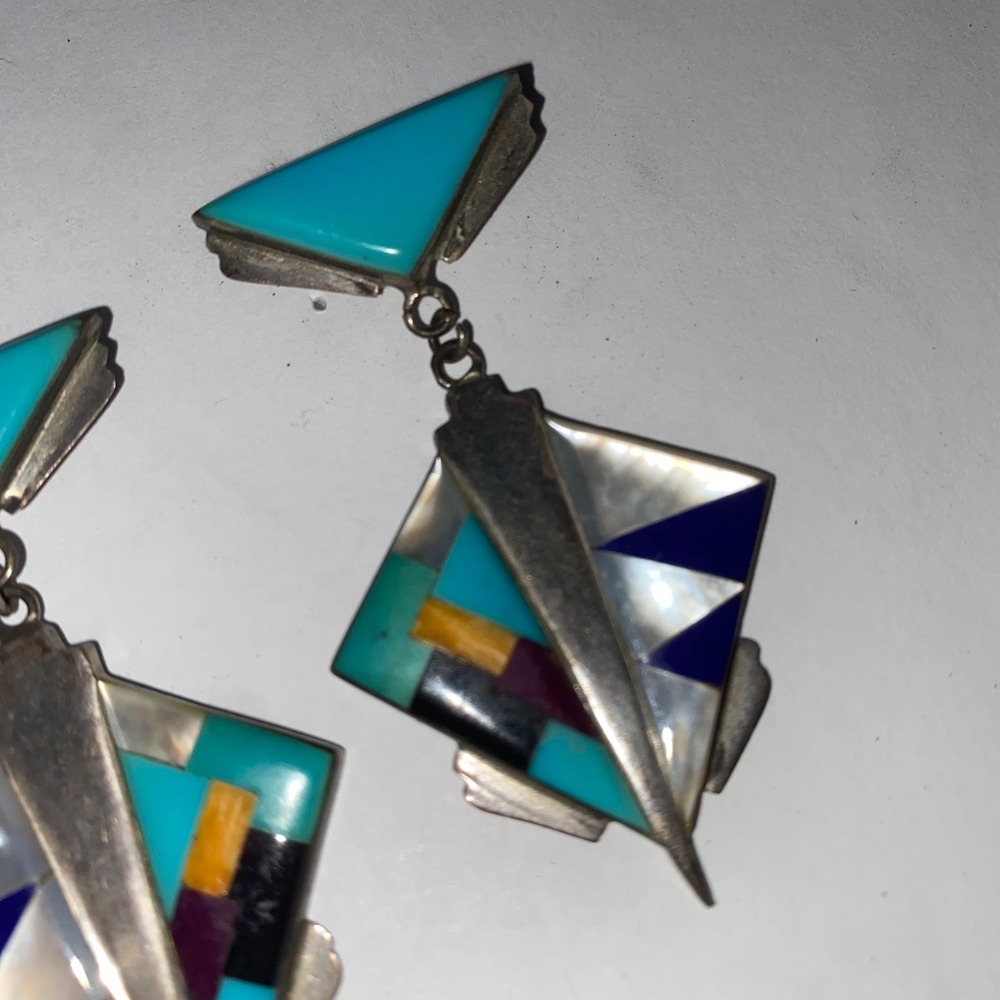 Vintage Sterling Silver Multi Stone Inlay Geometric Dangle Earrings Southwestern